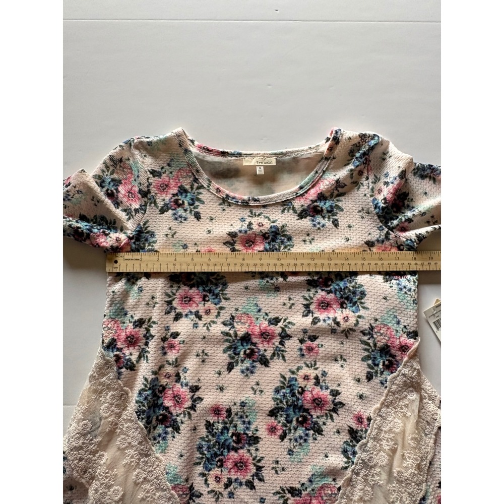 Tru Self Womens Floral Waffle Knit Top Lace Chiffon Trim Pink Blue Size M NEW - Picture 5 of 8